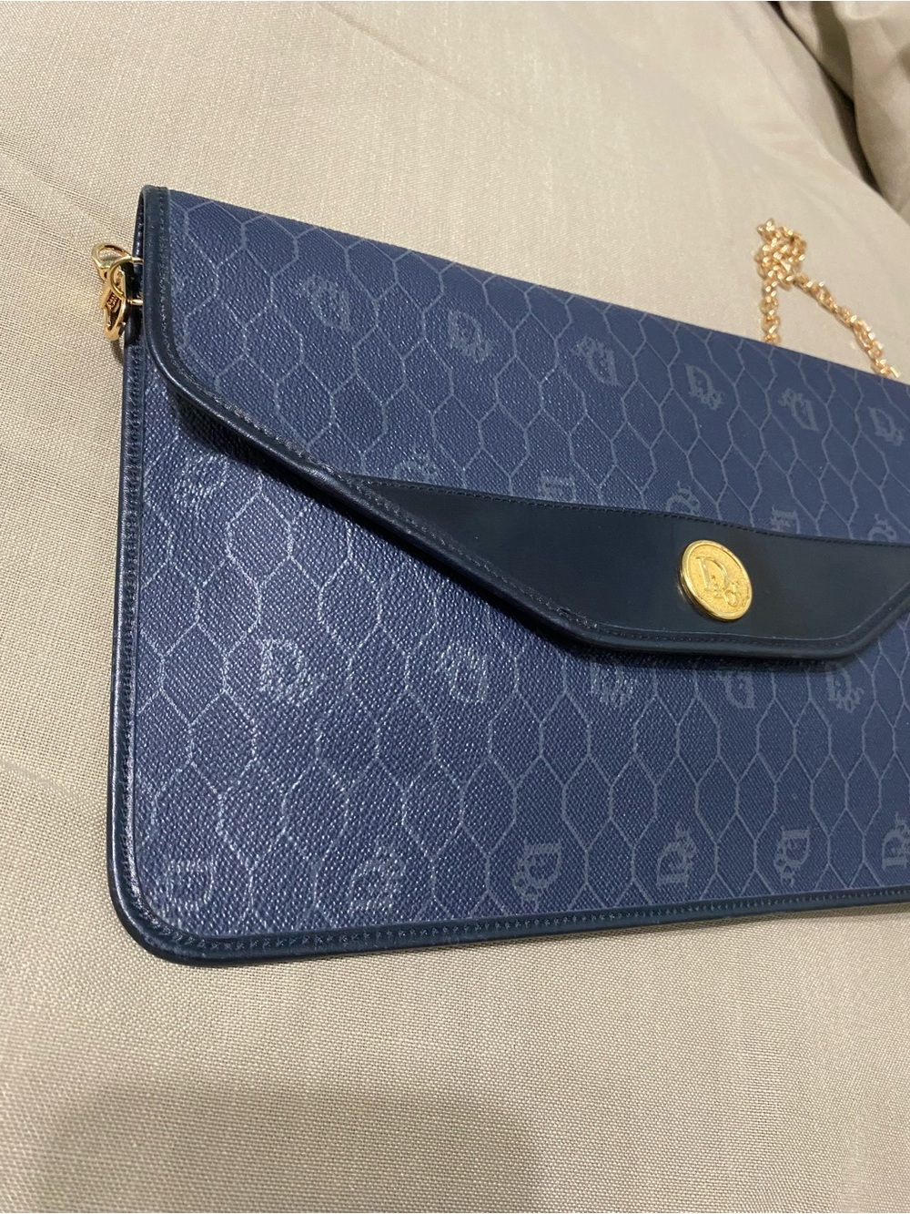 Vintage DIOR Oversized Clutch Bag Wallet Navy Honeycomb Chain Added - Picture 5 of 16